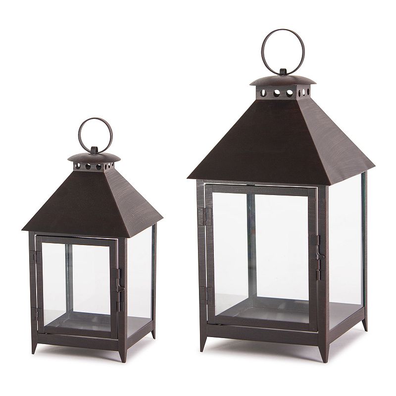 Melrose Iron & Glass Lanterns 11.75  H  16  H (Set of 2) (Distressed Black)