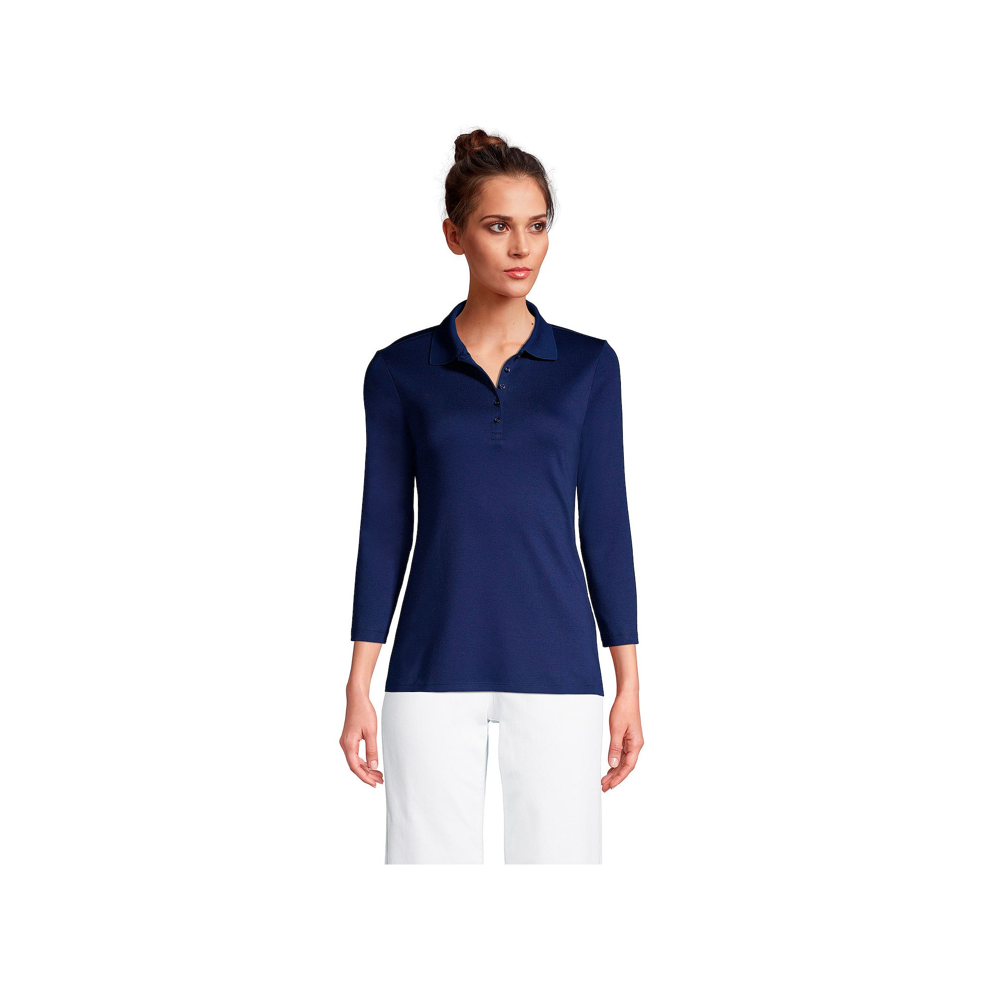 Womens Lands End Supima Cotton 3/4-Sleeve Polo Shirt, Size: XS, Deep  Blu