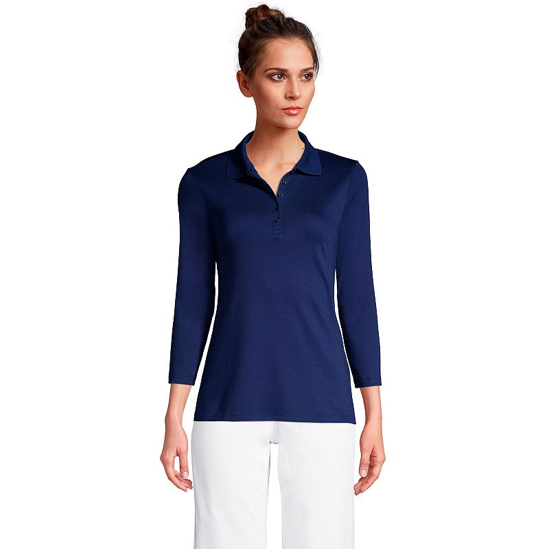 Womens Lands End Supima Cotton 3/4 Sleeve Polo Shirt, Size: XS, Dark Blue