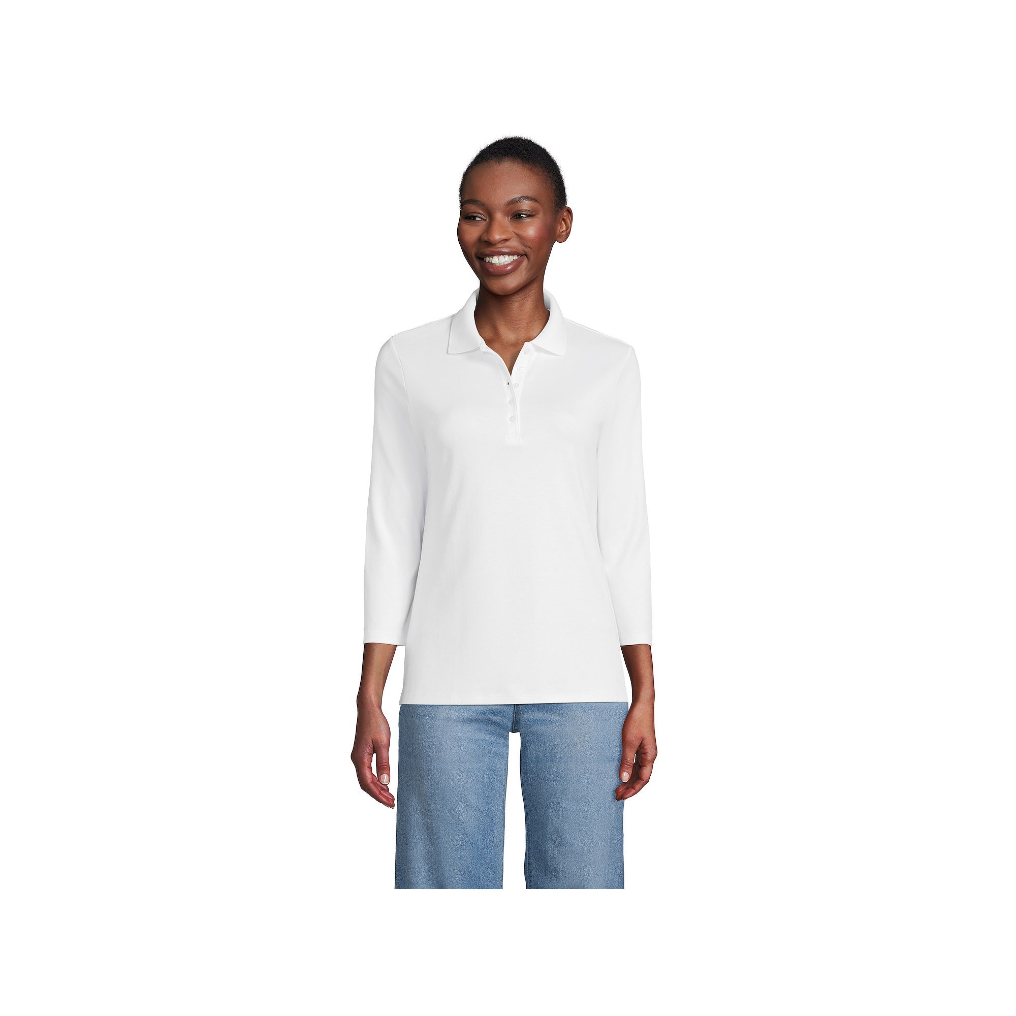 Womens Lands End Supima Cotton 3/4-Sleeve Polo Shirt, Size: XS, White