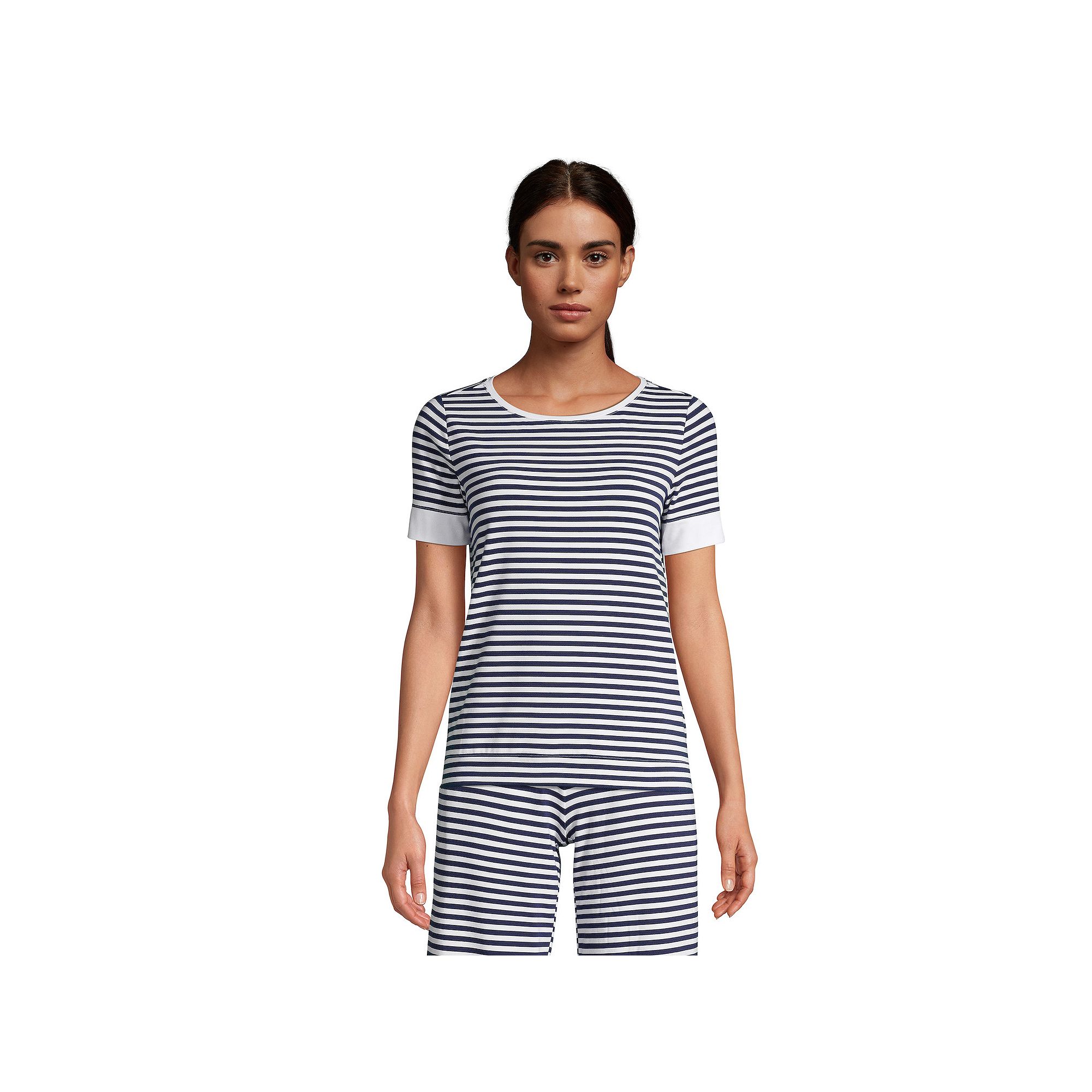 Womens Lands End Short Sleeve Pajama Tee, Size: XX Small, White Navy Stri