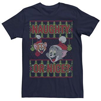 Men's Tom And Jerry Naughty Or Nice Holiday Pattern Tee