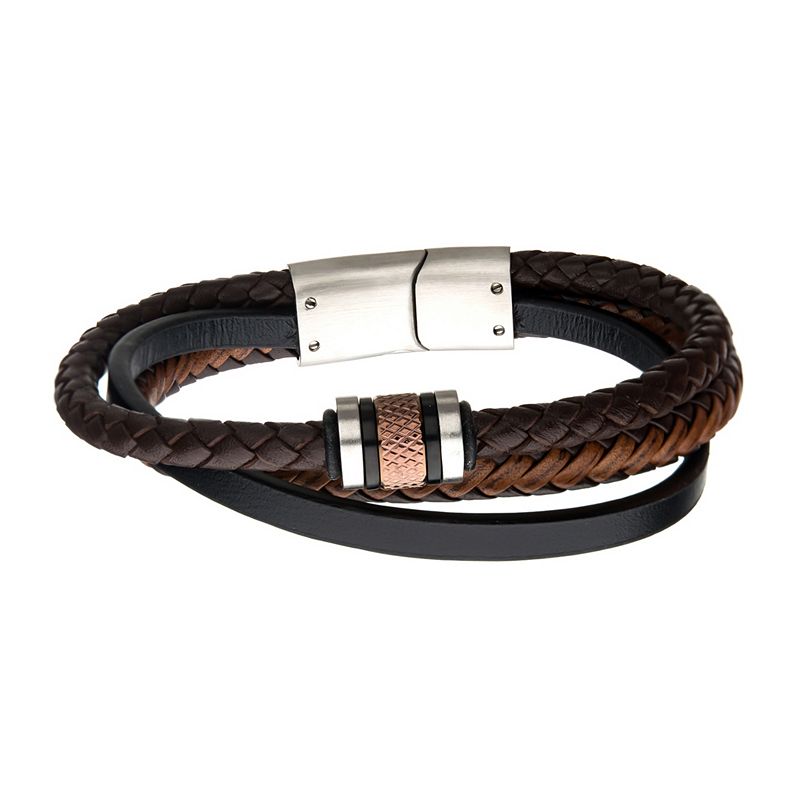 Mens Beaded Layered Leather Bracelet, Size: 8, Brown