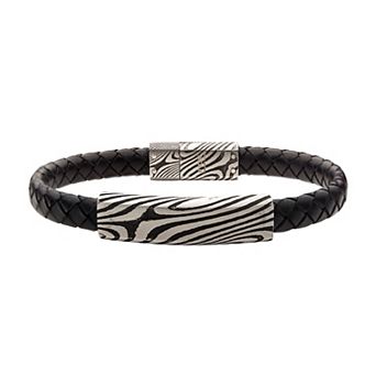 Men's Stainless Steel & Black Leather Bracelet