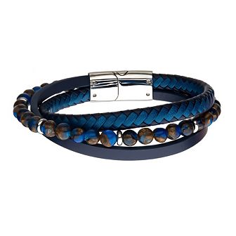DANTE Men's Stainless Steel Blue & Brown Bead Layered Leather Bracelet