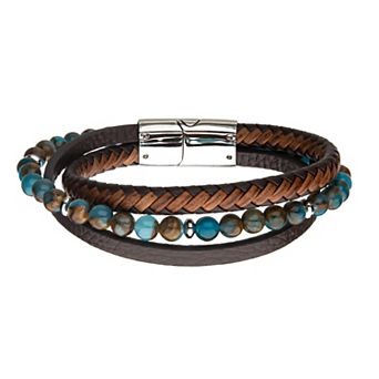 DANTE Men's Stainless Steel Blue & Brown Bead Layered Leather Bracelet