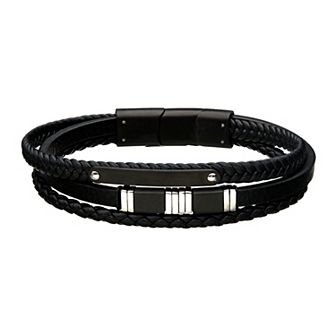 DANTE Men's Stainless Steel Bar & Black Leather Multistrand Bracelet