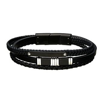 DANTE Men's Stainless Steel Bar & Black Leather Multistrand Bracelet