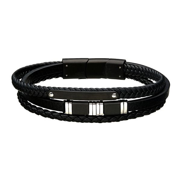 Men's Stainless Steel Bar & Black Leather Multistrand Bracelet