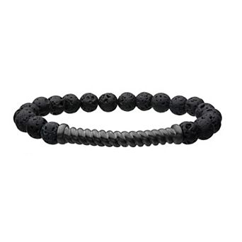 DANTE Men's Gunmetal Stainless Steel Twist Plate & Lava Bead Stretch Bracelet