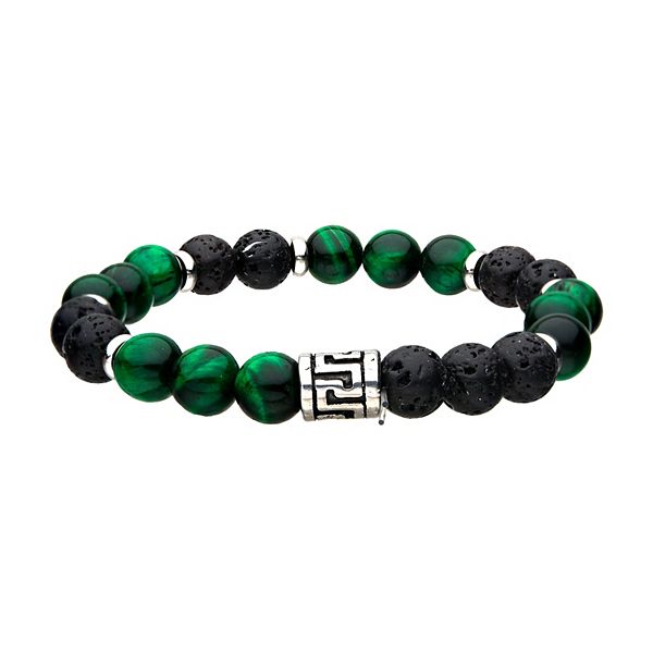 Men's Stainless Steel Lava Bead & Green Tiger's Eye Bead Bracelet