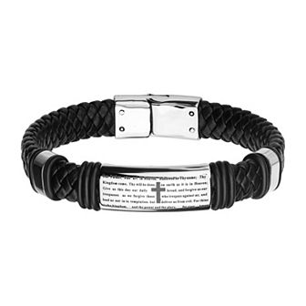 DANTE Men's Stainless Steel Black Leather "The Lord's Prayer" ID Bracelet