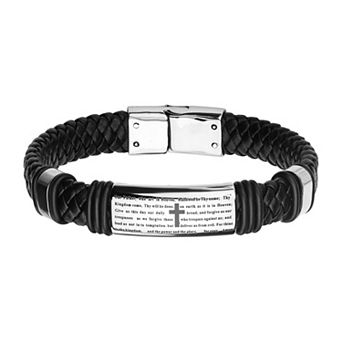 DANTE Men's Stainless Steel Black Leather "The Lord's Prayer" ID Bracelet