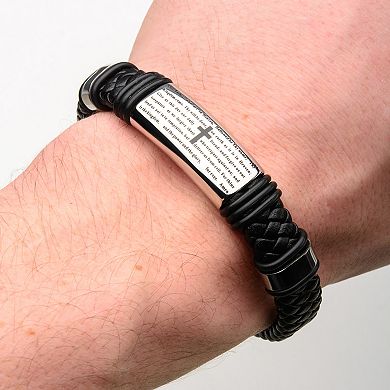 Men's Stainless Steel Black Leather "The Lord's Prayer" ID Bracelet