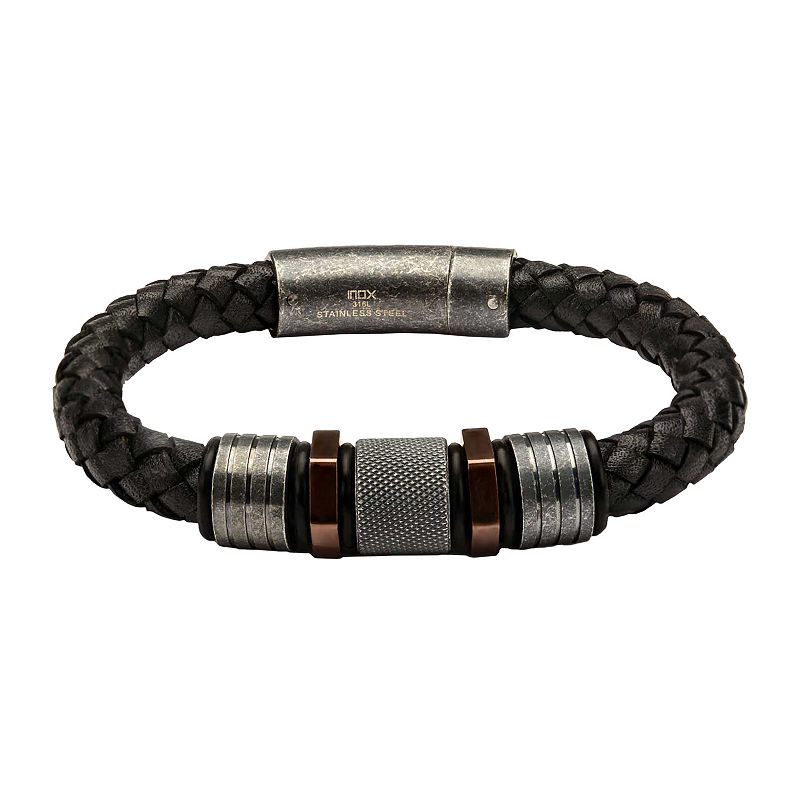 Mens Antiqued Stainless Steel Black Leather Bracelet, Size: 8.5