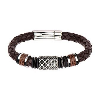 DANTE Men's Stainless Steel Fleur De Lis Braided Brown Leather Bracelet
