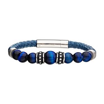DANTE Men's Stainless Steel Blue Tiger's Eye Bead & Blue Leather Bracelet