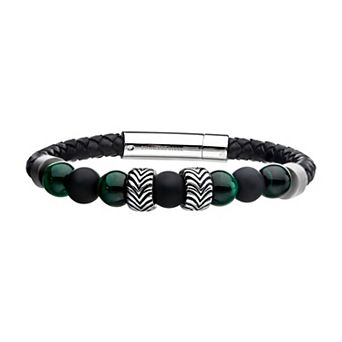 DANTE Men's Stainless Steel Blue Malachite & Tiger's Eye Beaded Leather Bracelet