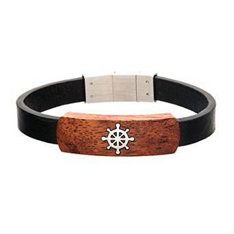 Men's DANTE Wooden Ship's Helm Black Leather Bracelet