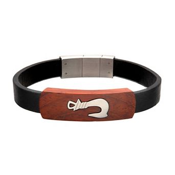 Men's DANTE Wooden Fishhook Black Leather Bracelet
