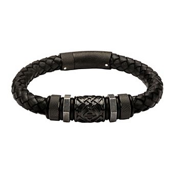 DANTE Men's Black Stainless Steel Braided Black Leather Bracelet