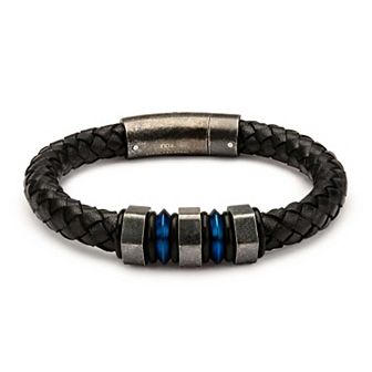 DANTE Men's Two Tone Stainless Steel Black Leather Bracelet