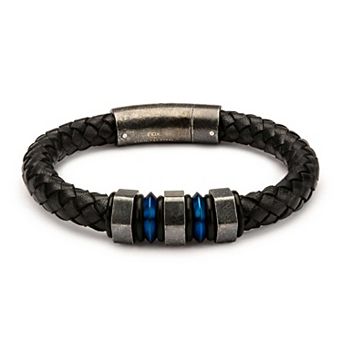 DANTE Men's Two Tone Stainless Steel Black Leather Bracelet