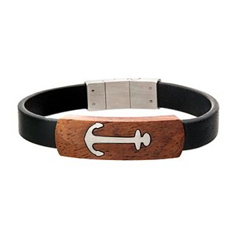 Men's DANTE Black Leather & Wood Anchor Bracelet