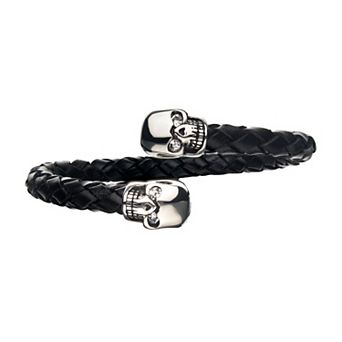 DANTE Men's Stainless Steel Skull End Black Leather Bracelet