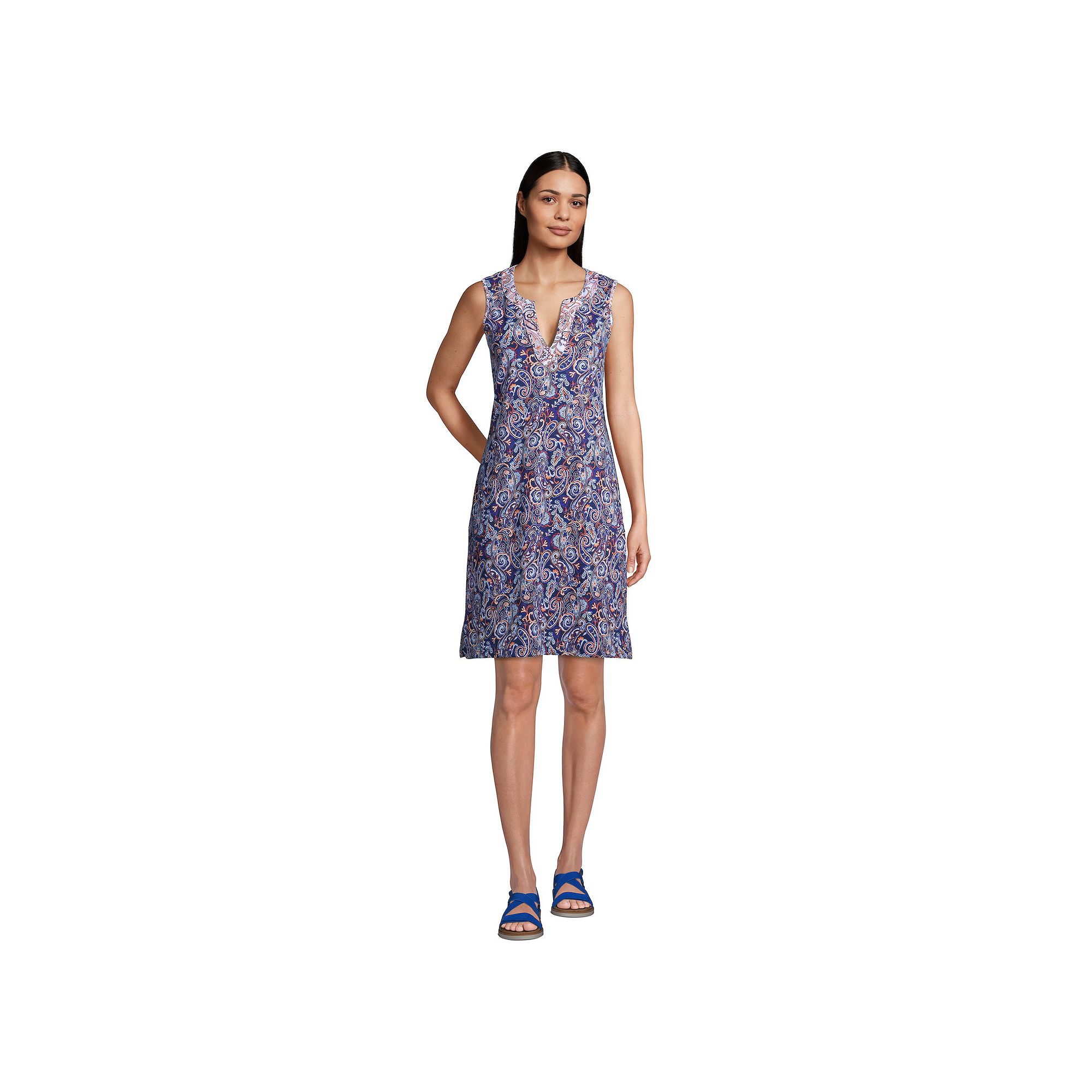 Womens Lands End Splitneck Swim Cover-Up Dress, Size: Medium, Navy White 