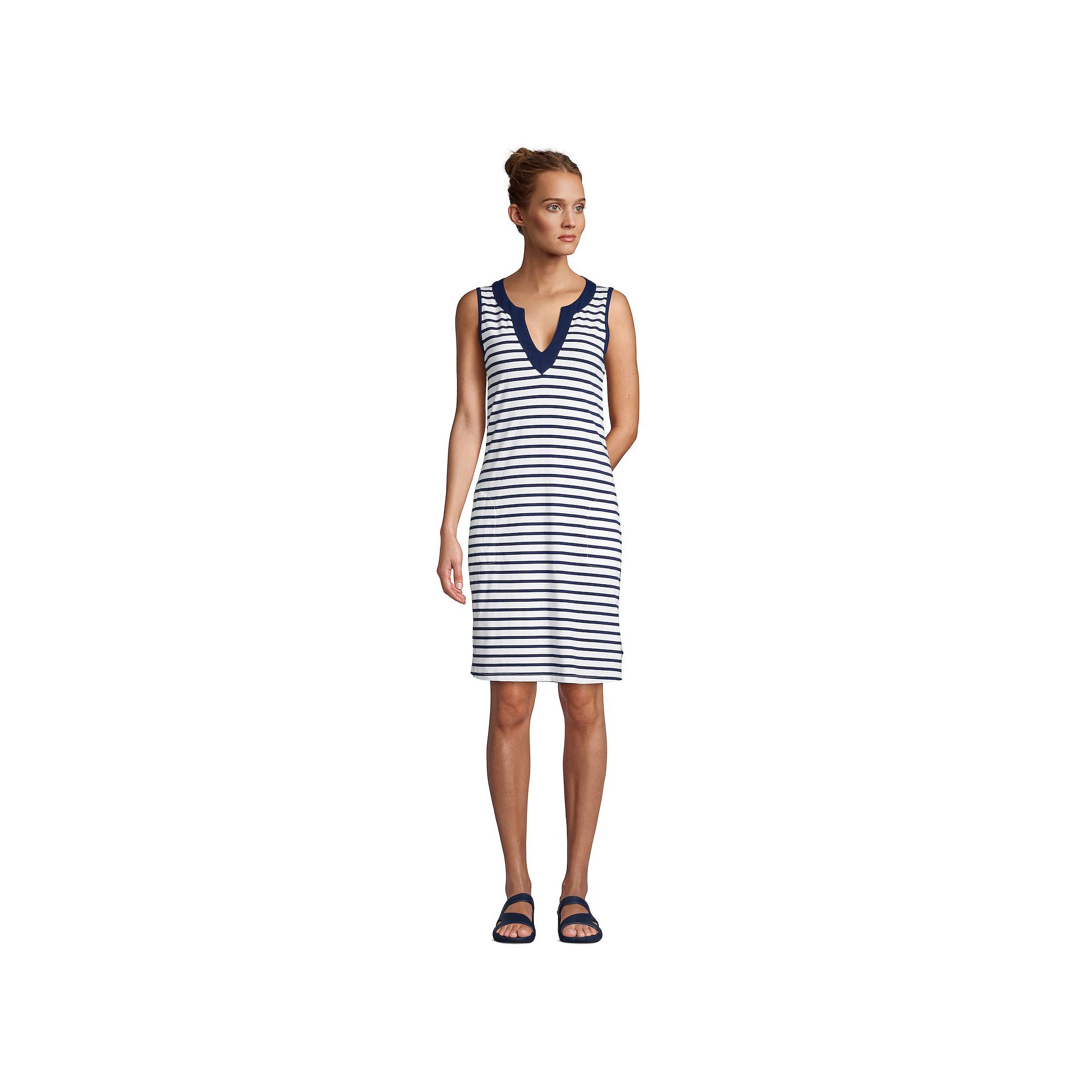 Womens Lands End Splitneck Swim Cover-Up Dress, Size: XS, White Navy Stri