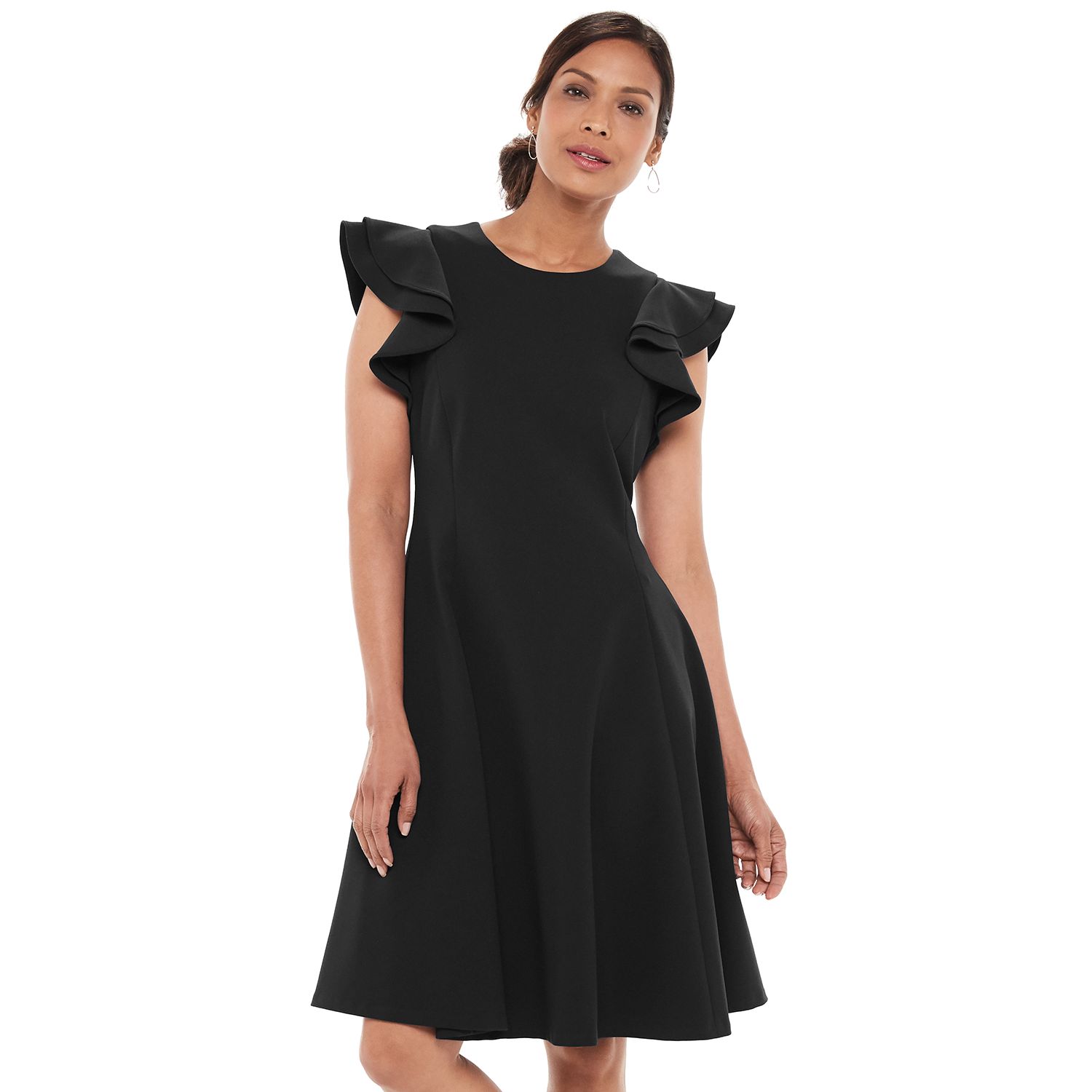 Chaps Flutter Sleeve A-Line Dress - Black