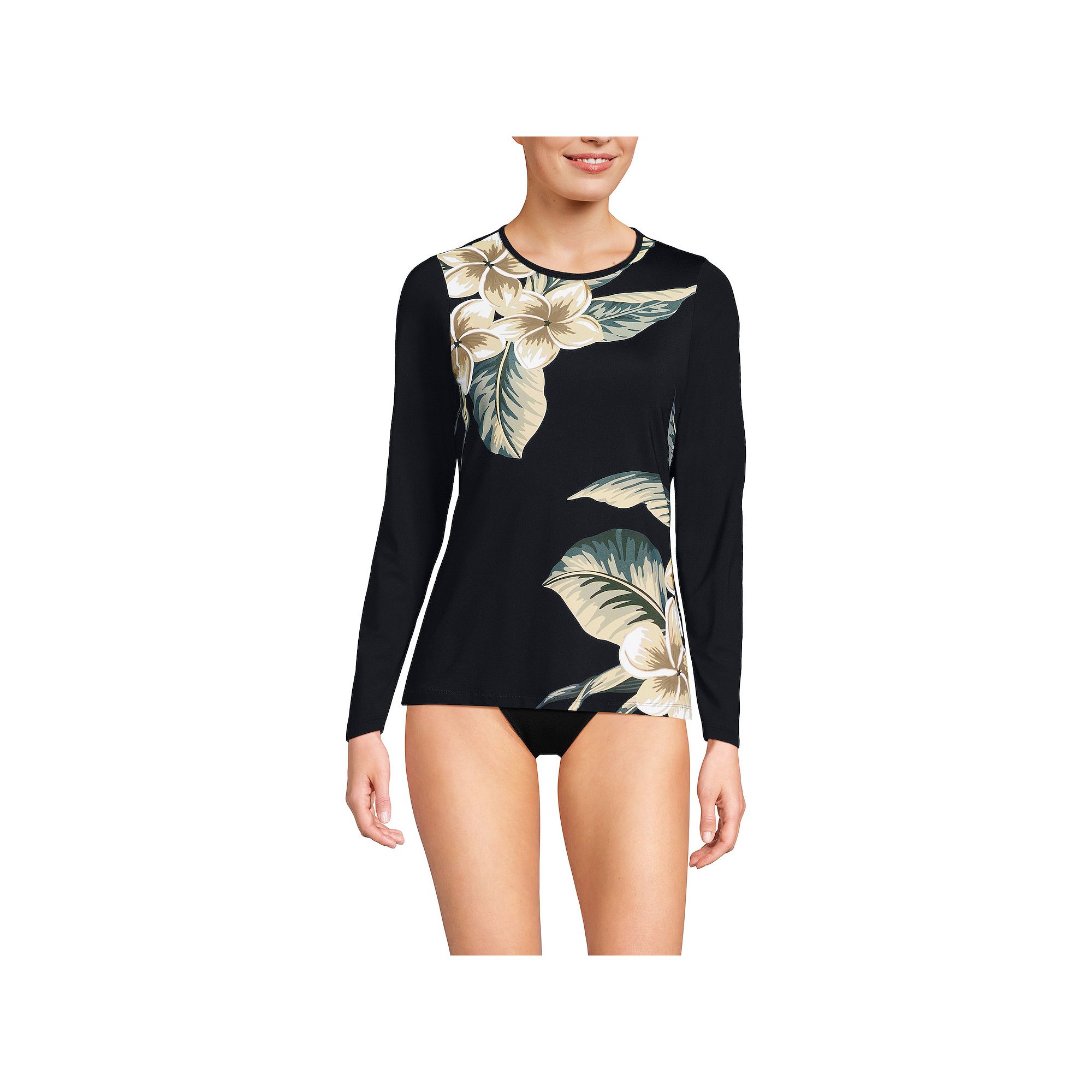 Womens Lands End UPF 50 Long Sleeve Rash Guard, Size: XS, Black Plumeria
