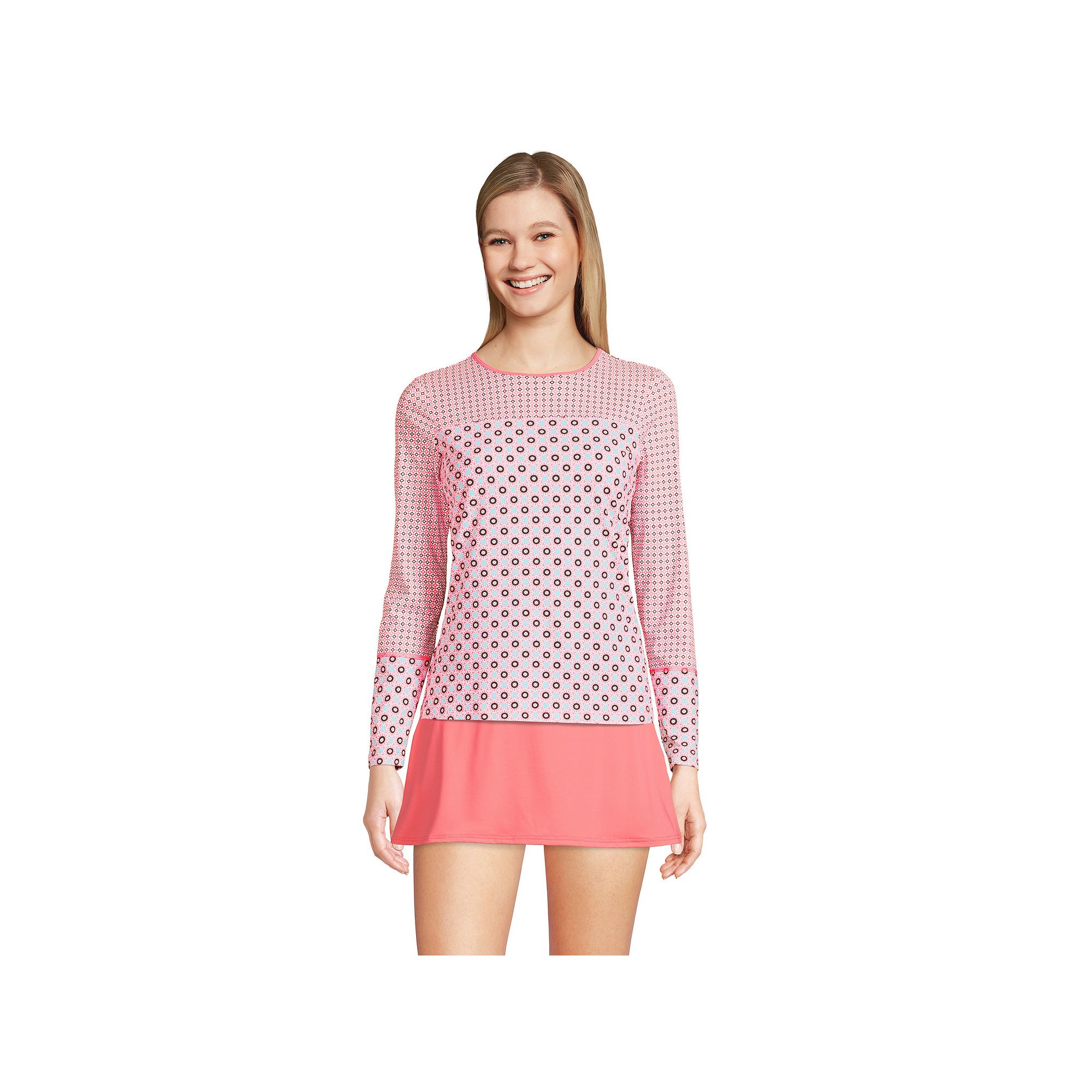 Womens Lands End UPF 50 Long Sleeve Rash Guard, Size: XS, Wood Lily Geo