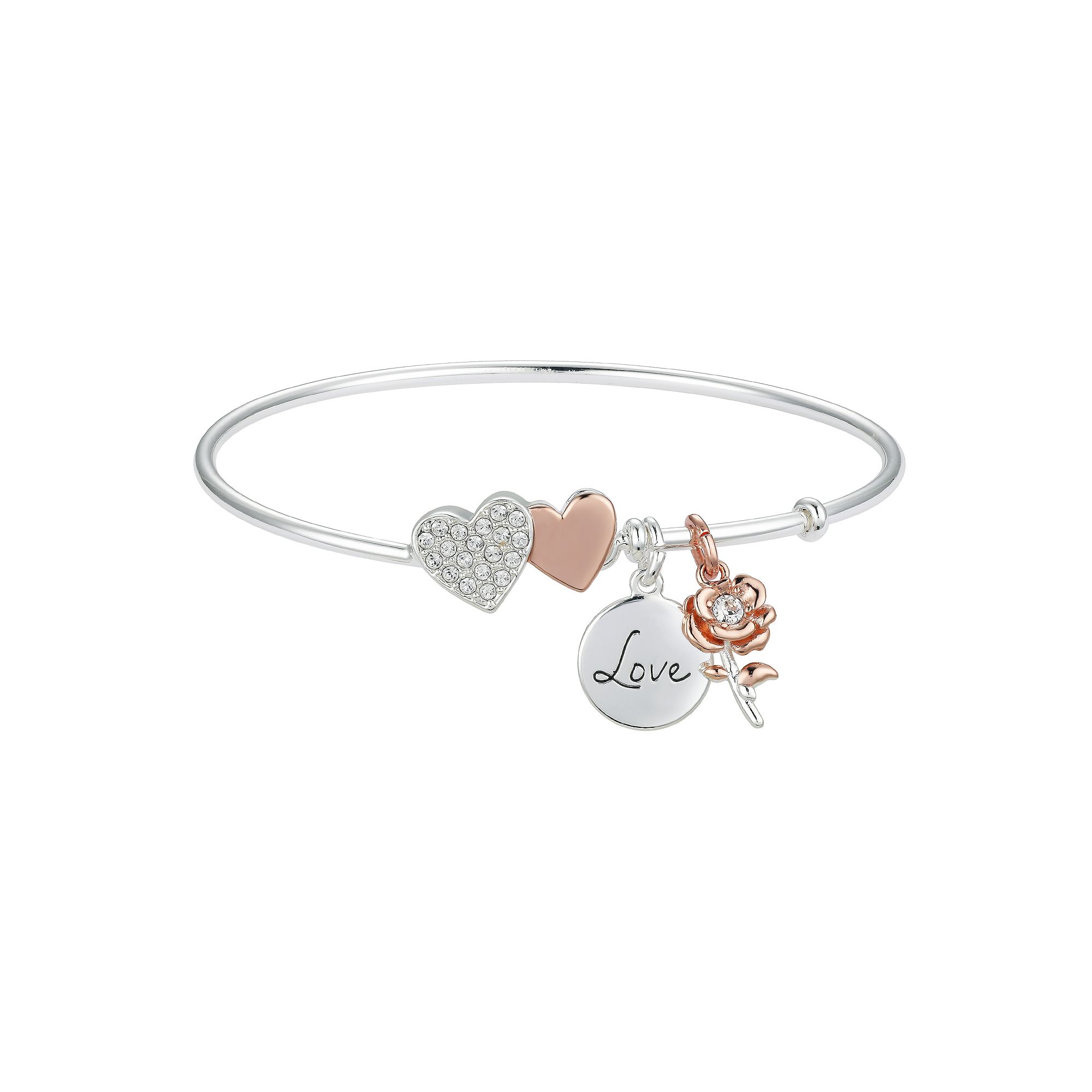 Brilliance Two-Tone Love Crystal Charm Bracelet, Womens, Size: 7.5,