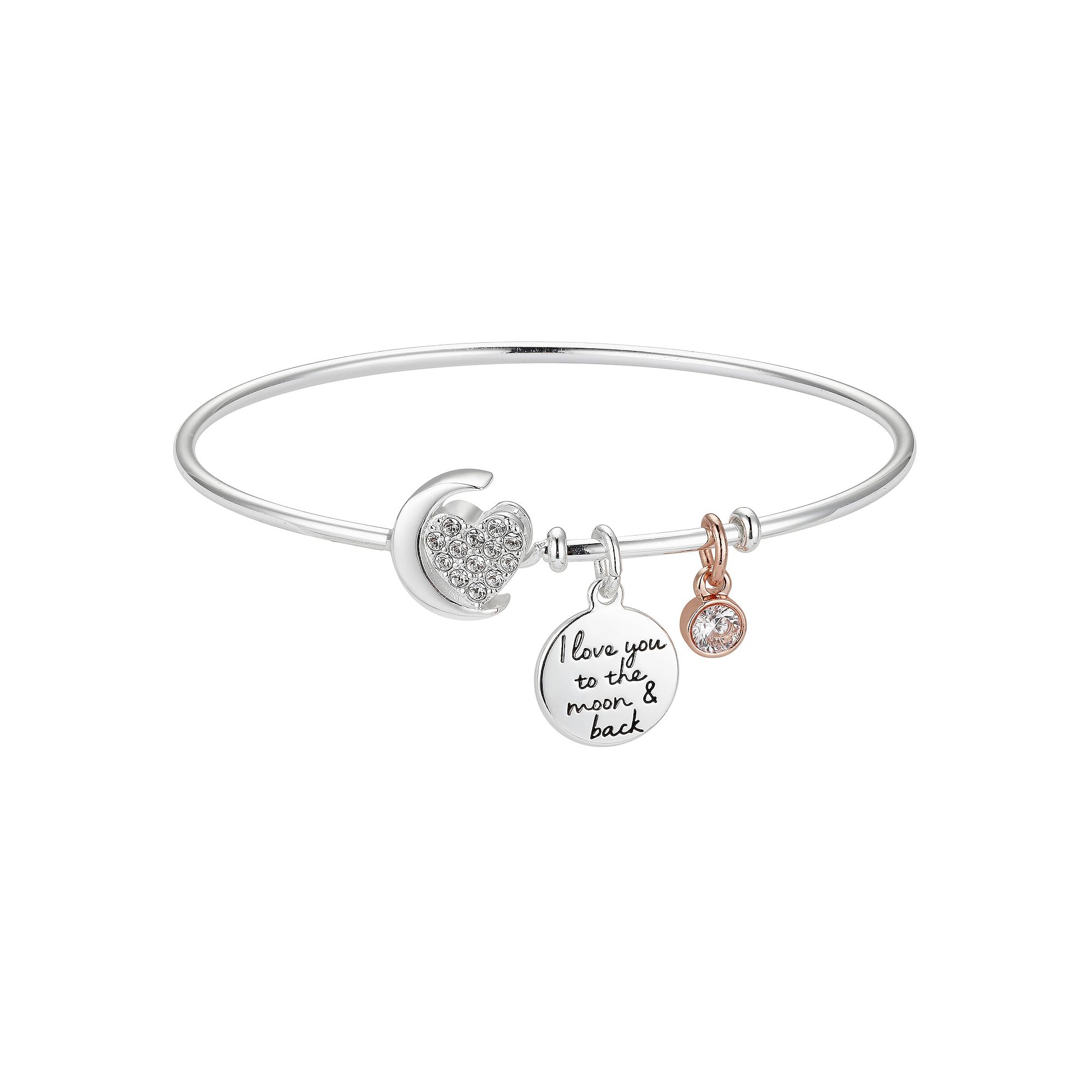 Brilliance Two Tone Crystal Heart & Moon Charm Bracelet, Womens