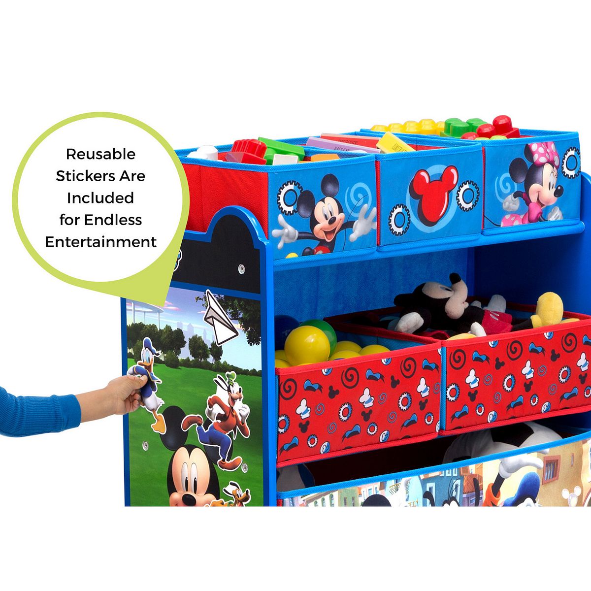 Mickey toy organizer includes reusable stickers and 6 bins