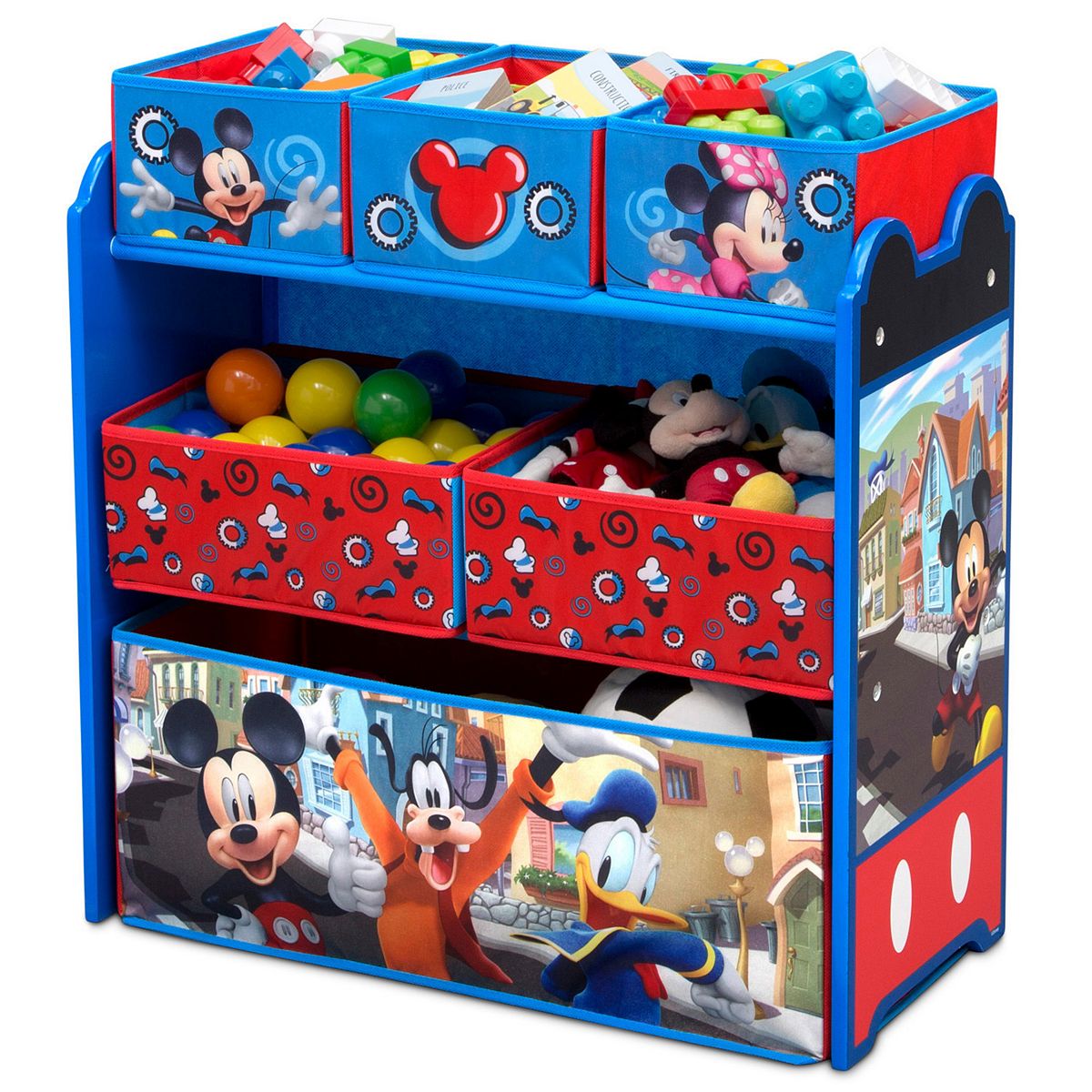 Mickey Mouse 6-bin toy organizer shown from front-left angle