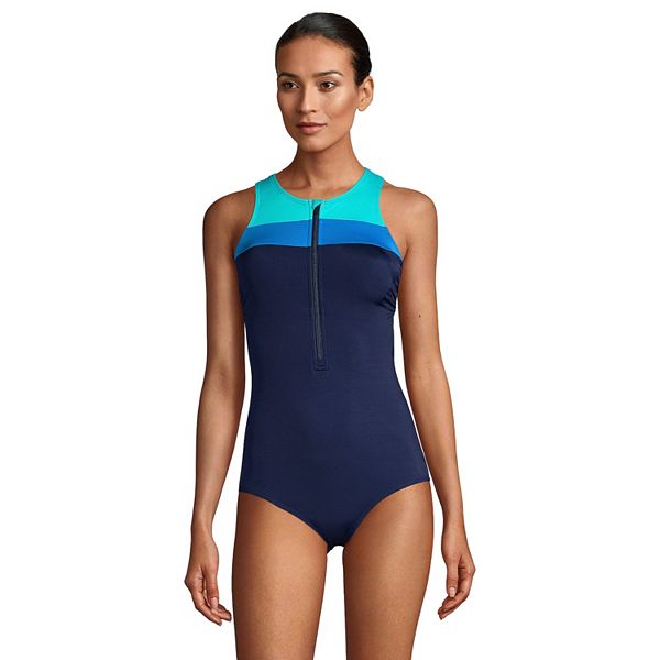 Women S Lands End Chlorine Resistant 1 2 Zip Front Athletic One Piece Swimsuit
