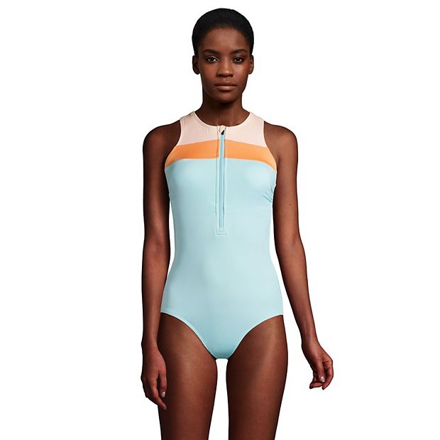 Women's Lands' End Chlorine Resistant 1/2-Zip Front Athletic One-Piece  Swimsuit
