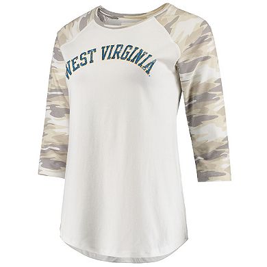 Women's White/Camo West Virginia Mountaineers Boyfriend Baseball Raglan 3/4 Sleeve T-Shirt