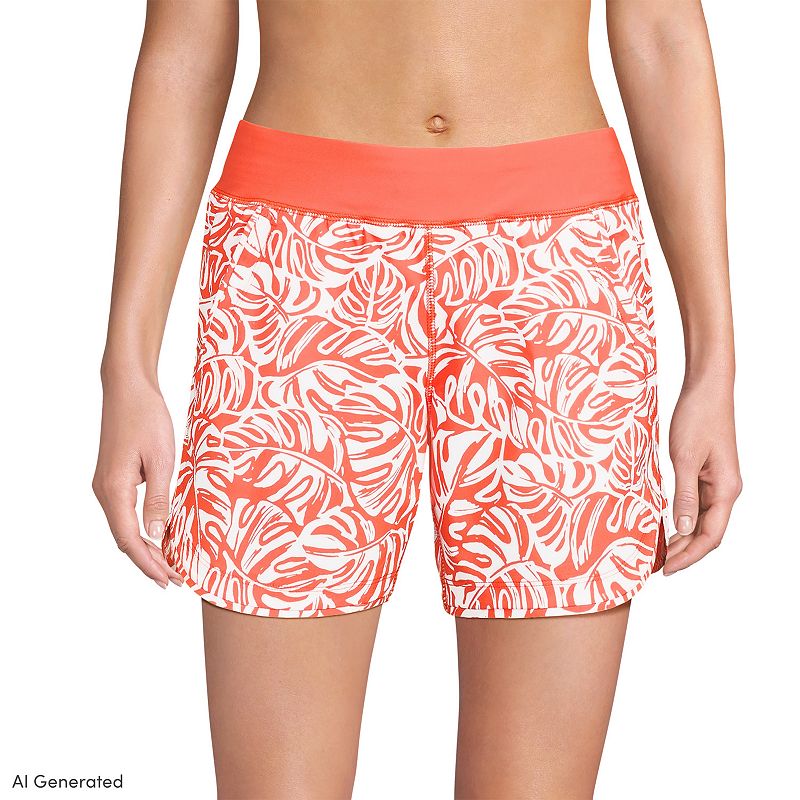 Women's Lands' End 5" Quick Dry Swim Shorts With Panty, Size: 10, Orange Tropic Leaves