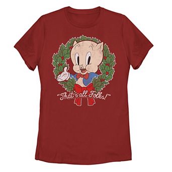 Juniors' Looney Tunes Porky Pig "That's All Folks" Christmas Wreath Tee