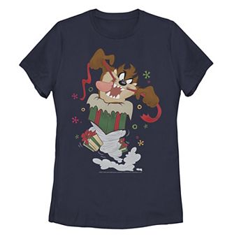 Juniors' Looney Tunes Taz Christmas Ripping Presents Tee