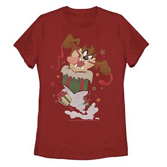 Juniors' Looney Tunes Taz Christmas Ripping Presents Tee