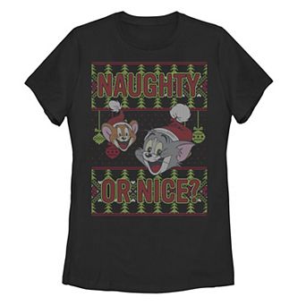 Juniors' Tom And Jerry Naughty Or Nice Holiday Pattern Graphic Tee