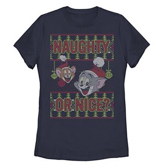 Juniors' Tom And Jerry Naughty Or Nice Holiday Pattern Graphic Tee