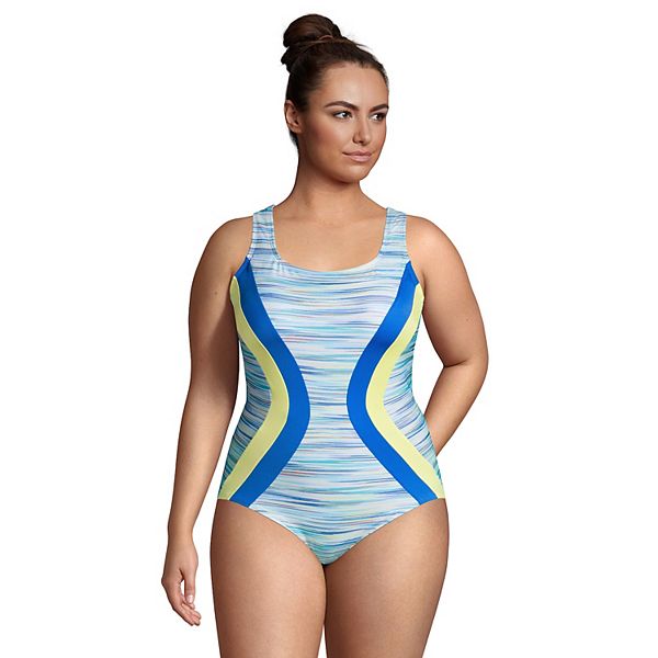Plus Size Lands End Colorblock Bust Minimizer Athletic One Piece Swimsuit