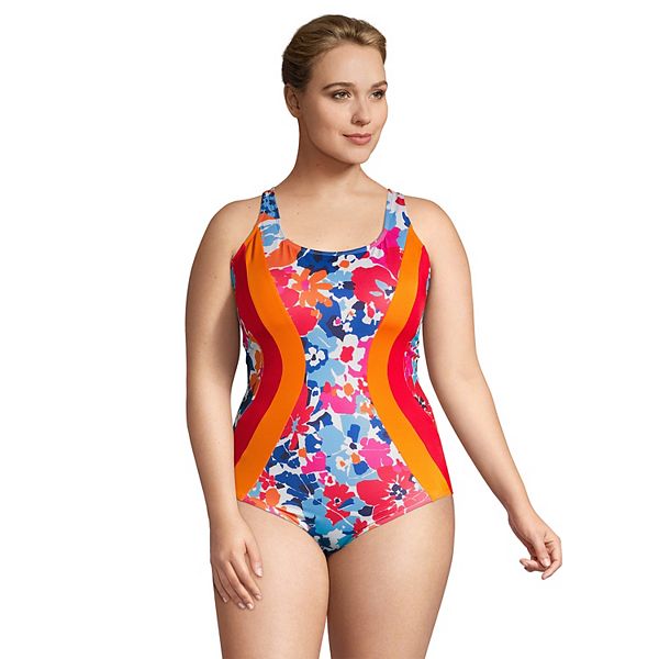 Plus Size Lands End Colorblock Bust Minimizer Athletic One Piece Swimsuit