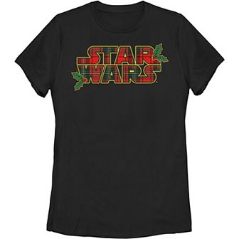 Juniors' Star Wars Christmas Plaid Holly Logo Graphic Tee